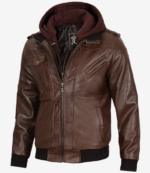 Men's Dark Brown Leather Bomber Jacket — Removable Hood - Image 2