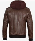 Men's Dark Brown Leather Bomber Jacket — Removable Hood - Image 3