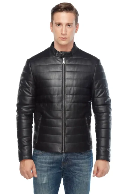 Genuine Black Leather Men’s Puffer Jacket