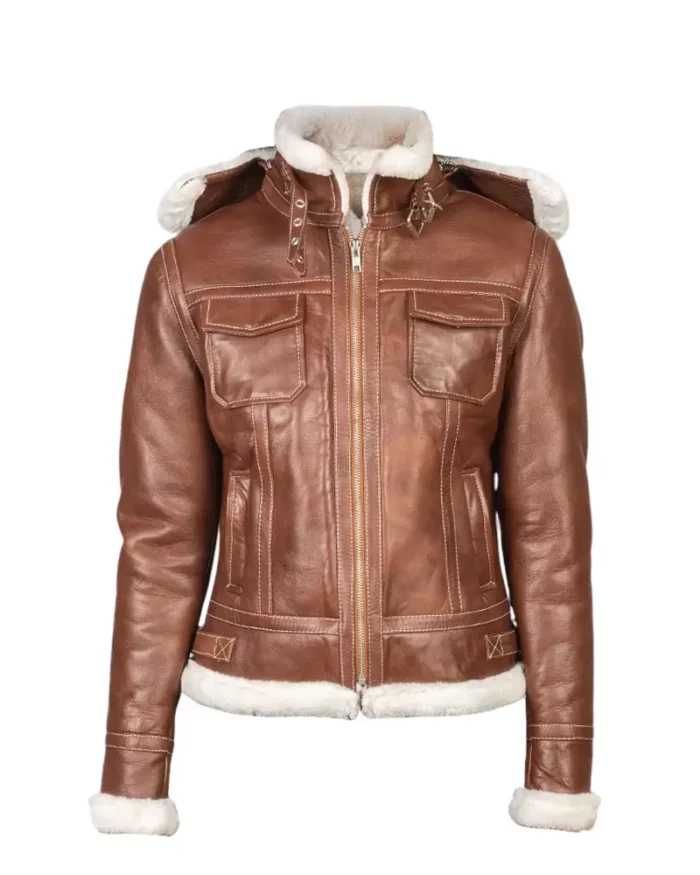 Women Brown Hooded Shearling Jacket - Image 1