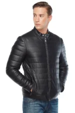 Genuine Black Leather Men’s Puffer Jacket - Image 2