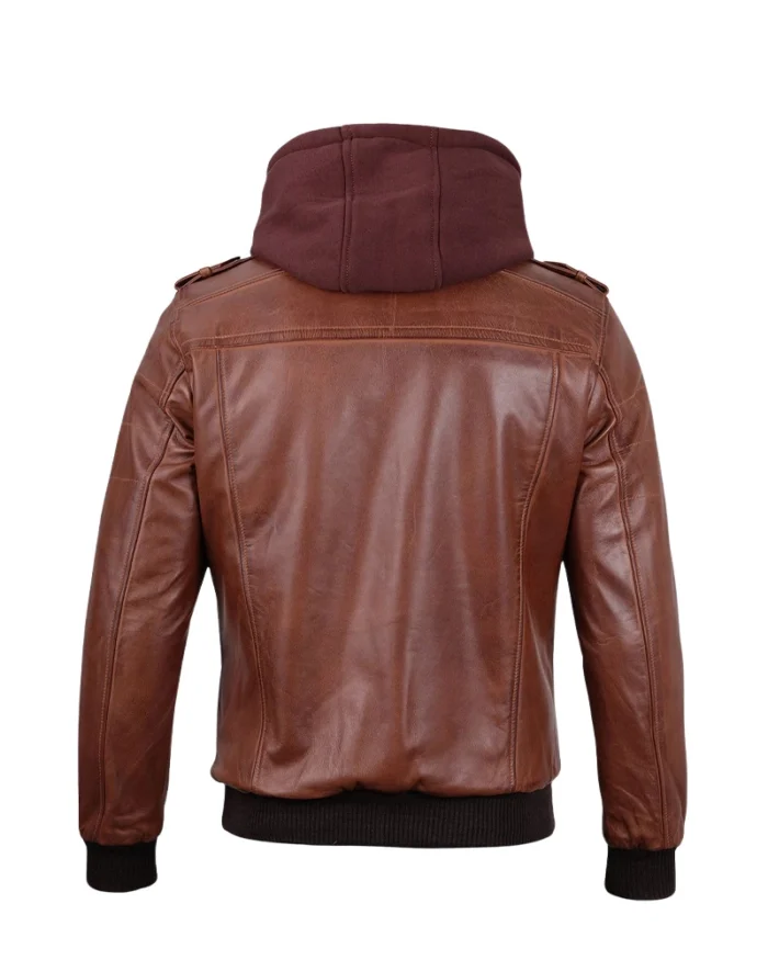 Mens Brown Hooded Stylish Bomber Leather Jacket - Image 3
