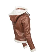 Women Brown Hooded Shearling Jacket - Image 3