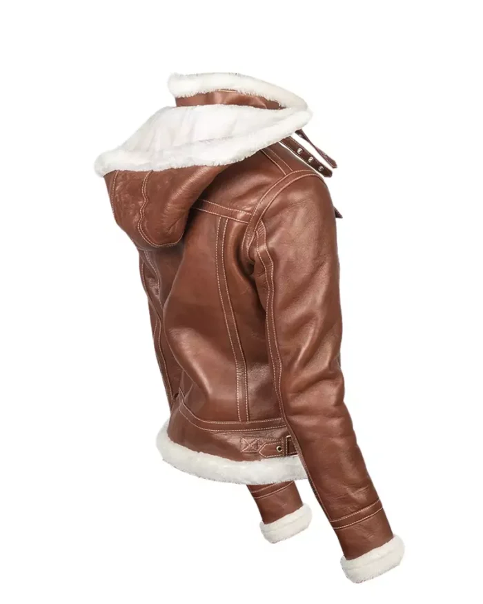 Women Brown Hooded Shearling Jacket - Image 3