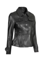 Womens Black Peplum Leather Jacket - Image 2