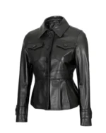 Womens Black Peplum Leather Jacket - Image 3