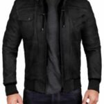 Men Bomber Hood Removable Leather Jacket
