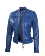 Women Blue Biker Leather Jacket - Image 2