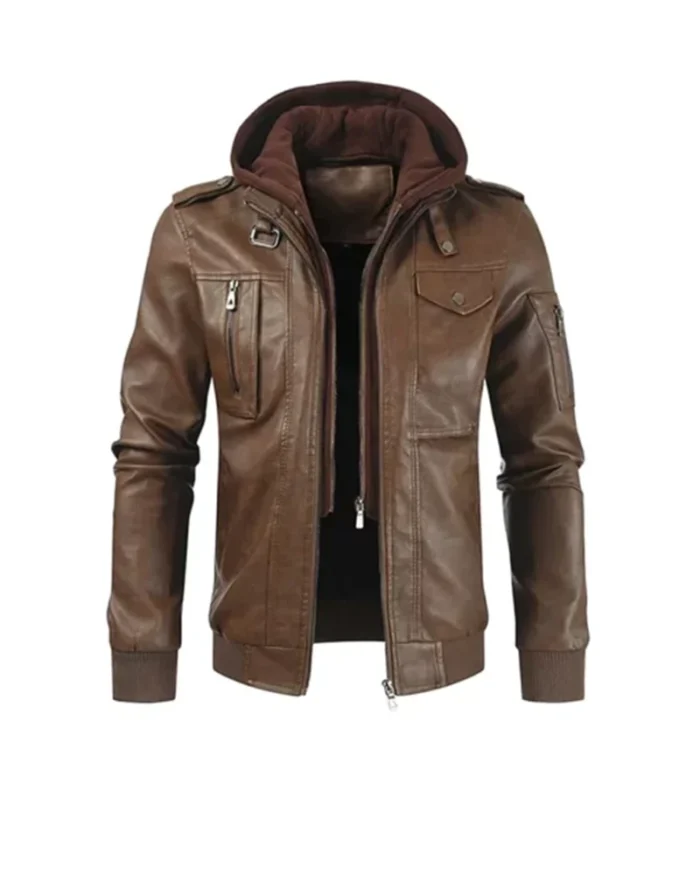 Brown Leather Hooded Rider Jacket - Image 1