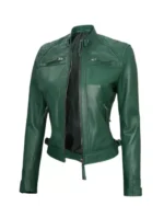 Women Green Biker Leather Jacket - Image 2