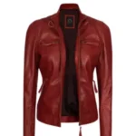 Women Maroon Quilted Cafe Racer Jacket