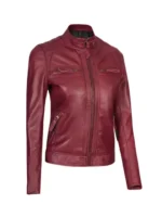 Women Maroon Quilted Cafe Racer Jacket - Image 3