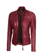 Women Maroon Quilted Cafe Racer Jacket - Image 4