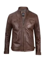 Mens Chocolate Brown Cafe Racer Quilted Leather Jacket - Image 3