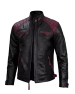 Men Black and Maroon Cafe Racer Jacket - Image 2