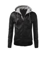Mens Black Leather Hooded Jacket