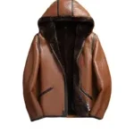 Mens Brown Leather Hooded Jacket