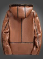 Mens Brown Leather Hooded Jacket - Image 3