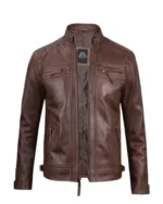 Mens Chocolate Brown Cafe Racer Quilted Leather Jacket