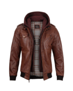 Mens Brown Hooded Stylish Bomber Leather Jacket