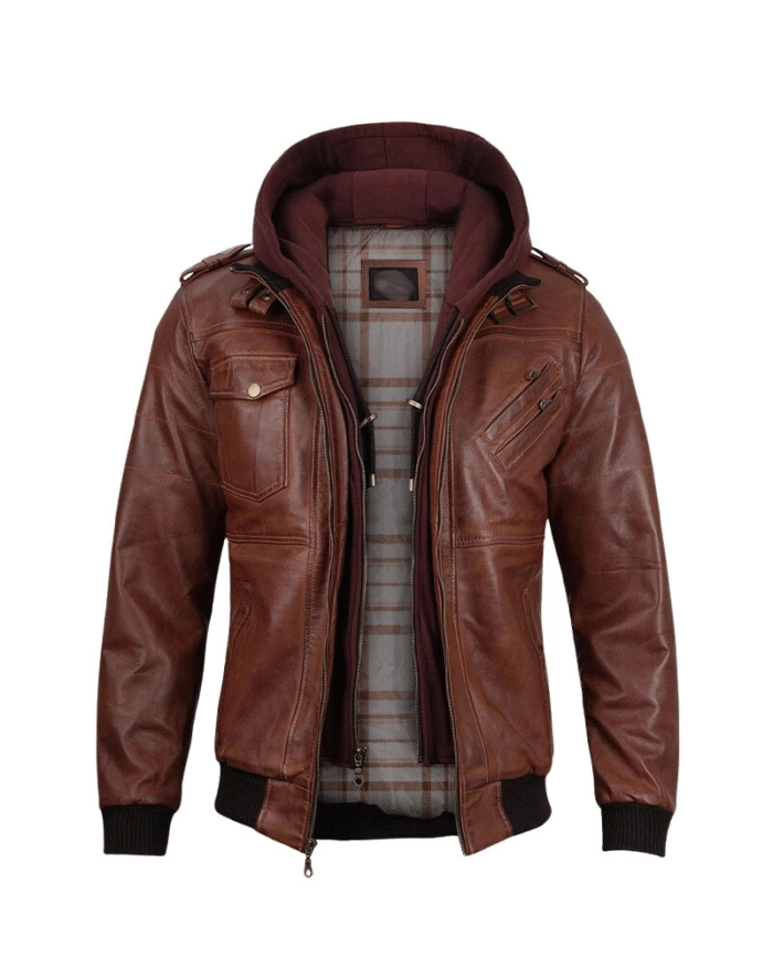 Mens Brown Hooded Stylish Bomber Leather Jacket - Image 1