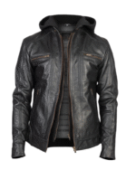Men Black Leather Racing Hooded Jacket