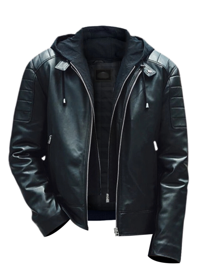 Men Leather Moto Hooded Jacket - Image 1