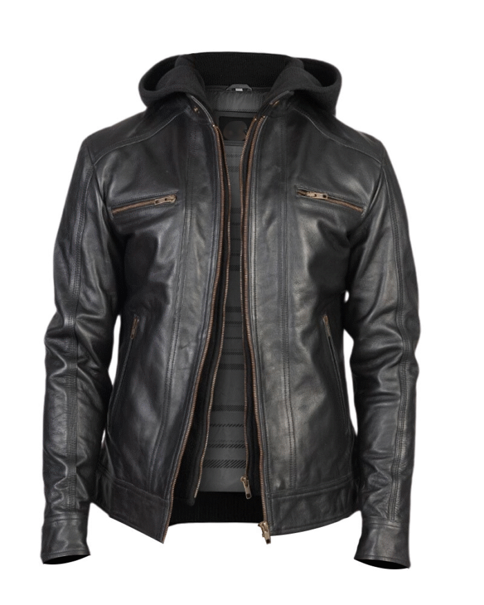 Men Black Leather Racing Hooded Jacket - Image 1