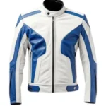 White and Blue Lambskin Biker Jacket - Image 2