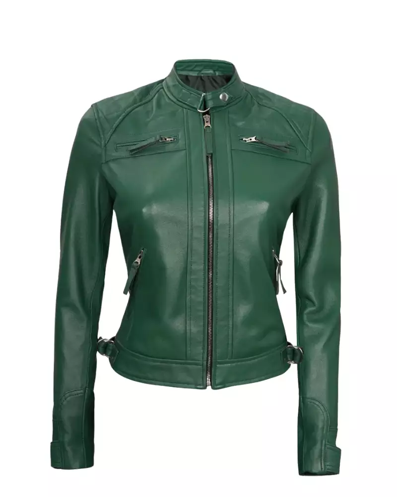 Women-Biker-Green-Leather-Jacket Women Green Biker Leather Jacket - Image 1
