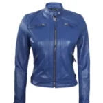 Women Blue Biker Leather Jacket