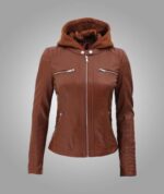 Womens Cafe Racer Detachable Leather Hooded Jacket - Image 3