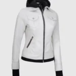 Women’s Hood Removable White Leather Jacket - Image 2