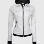 Women’s Hood Removable White Leather Jacket