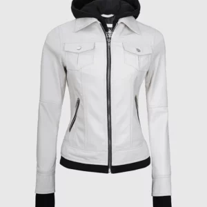 Women’s Hood Removable White Leather Jacket