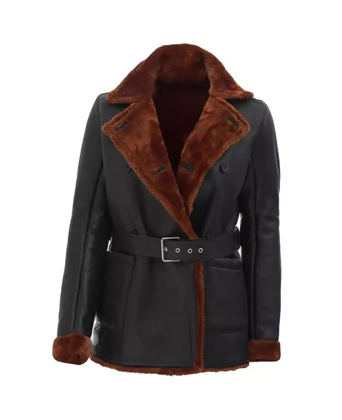 Women’s Black Leather Belted Shearling Coat - Image 1