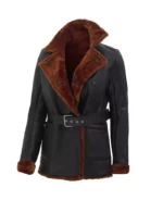 Women’s Black Leather Belted Shearling Coat - Image 3