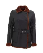 Women’s Black Leather Belted Shearling Coat - Image 4
