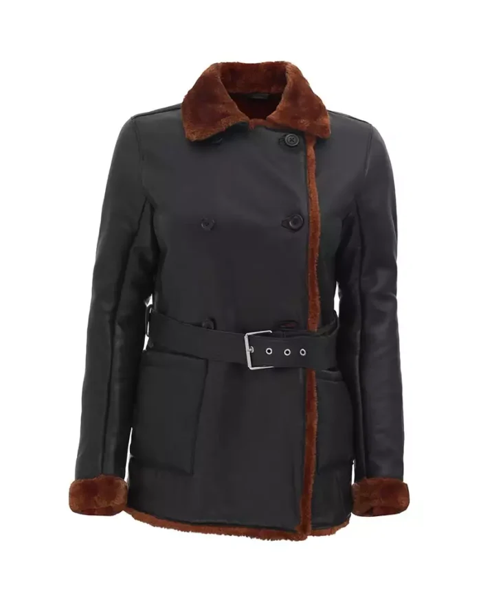 Women’s Black Leather Belted Shearling Coat - Image 4