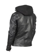 Men Black Leather Racing Hooded Jacket - Image 2