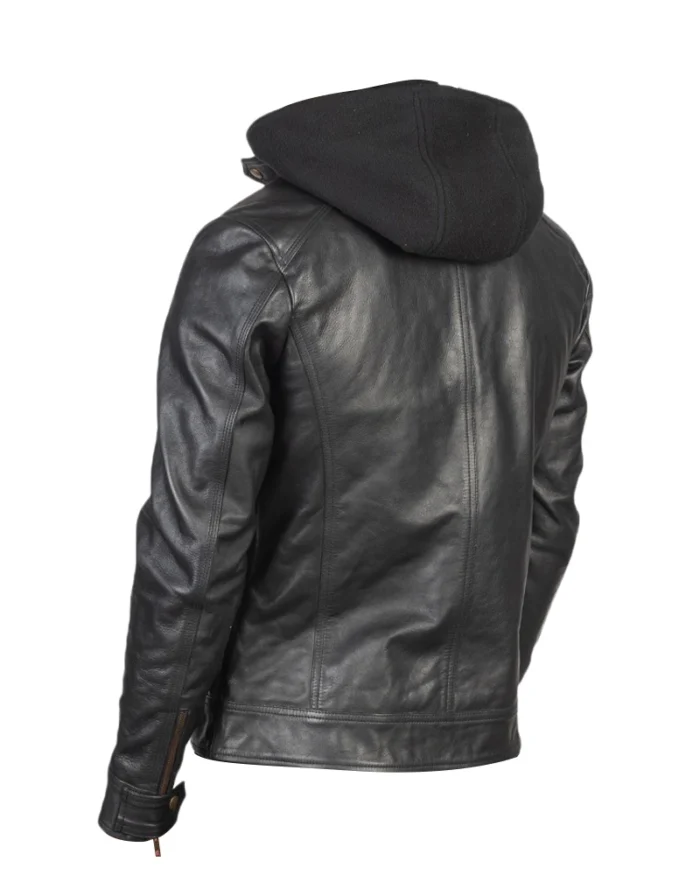 Men Black Leather Racing Hooded Jacket - Image 2