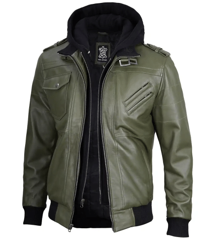 Men's Military Green Leather Jacket with Removable Hood