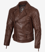 Men's Quilted Asymmetrical Cognac Leather Biker Fashion Jacket