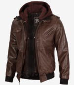 Men's Dark Brown Leather Bomber Jacket — Removable Hood
