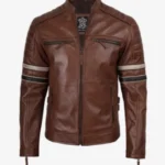 Men’s Brown Leather Racer Jacket with Stripes - Image 4