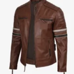 Men’s Brown Leather Racer Jacket with Stripes - Image 3