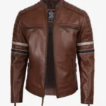Men’s Brown Leather Racer Jacket with Stripes