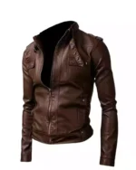 Slimfit Brown Strap Pocket Biker Jacket - Image 2